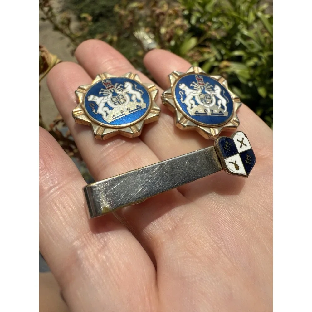 Vintage 1950s Swank Royal Crest Cufflinks & Tie Clip Crown Lion Enamel‎ Brass
